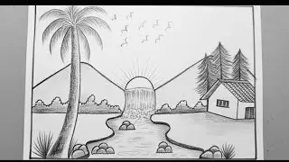 How to draw a waterfall with mountains/Nature drawing with pencil easy and simple/Sundar scenery art