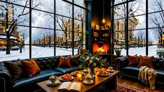 Soft Piano Jazz Music 🔥  Morning Cozy Coffee Shop Ambience with Snowfall for Study, Work