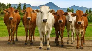 Kawanan sapi berjalan rapi di jalan menuju ladang, Suara sapi Moo, puluhan Sapi lucu menggemaskan