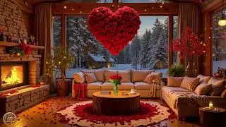 Valentine&rsquo;s Evening Cabin 🌹 Twilight Jazz & Fireplace | Soft Snowfall & Romantic Blue Hour