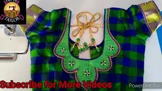 Checked blouse designs/ simple stylish silk saree blouse design with stone/ checked blouse back neck