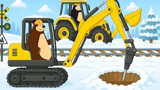 Winter Railway Construction with Powerful Excavators | Cartoon Construction Vehicles