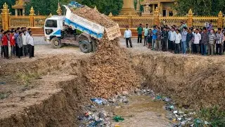 First Starting New PROJECT!! DELETE POND by Overloading Soil Dump ft Bulldozer Pushing Soil to Water