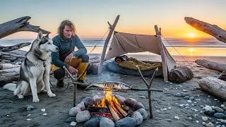 Beach Survival Camp &ndash; Cooking Fresh Fish & Overnight with My Husky