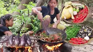 Yummy! Chicken soup with egg, Crabs spicy cooking Eggplant grilled with salt chili- Survival cooking