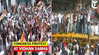 Shimla: Congress workers and MLAs stage a protest outside the Vidhan Sabha