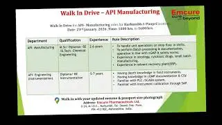 Emcure Walk in interview for Production and Engineering #api, #pharmajobs #production #engineering 