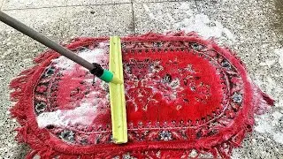 Washing a red fluffy carpet🫧