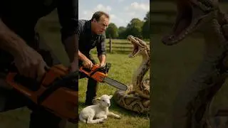 Man Faces a Giant Python with a Chainsaw to Save a Lamb! 😱🐍#wildlife #snake #dangerous #shorts