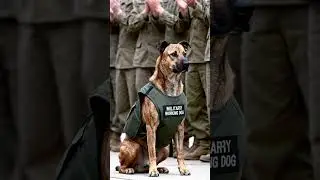 A Mountain Cur wearing a vest labeled &ldquo;Military Working Dog&rdquo; sitting calmly as troops applaud.