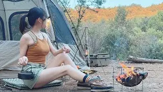 Pizza on bonfire, Mountaintop camping, Japanese camping girl