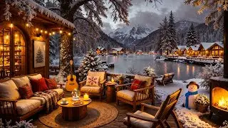 Soft Jazz Guitar Music for Study, Work ❄️🔥 Cozy Winter Porch Ambience with Fireplace Crackling