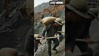 Traditional gold mining in the mountains, with workers using pickaxes and carrying sacks of soil.