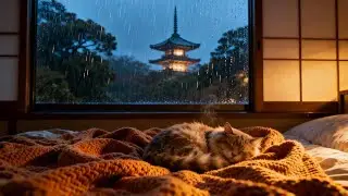 Deep Sleep Music | Heavy Rain & Calming Piano in Japanese Bedroom for Stress Relief & Focus