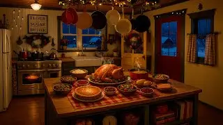 Thanksgiving Night Kitchen Ambience | Warm Rustic Decor, Turkey Dinner & Winter Snowfall