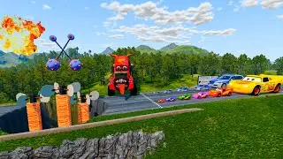 Big & Small McQueen & Police Car vs Zombie Mack, Giant Bulge & Lava Pit Downhill Race &ndash; BeamNG.drive