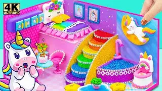 How To Make Mini Unicorn House with Cute Bed, Rainbow Stairs from Polymer Clay - DIY Miniature House