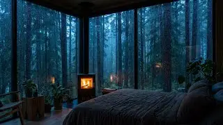 Deep Relaxation: Rain Sounds in Dark Forest Cabin with Fireplace for Healing Sleep 🌧️