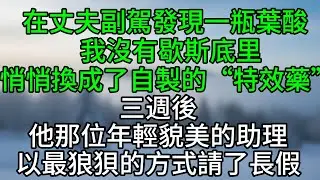 在丈夫副駕發現一瓶葉酸，我沒有歇斯底里，悄悄換成了自製的“特效藥”，三週後，他那位年輕貌美的助理，以最狼狽的方式請了長假#深夜淺讀 #夜讀人生 #大橘講故事 #情感故事 #講故事 #幸福生活