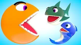 Pacman fun play meets a shark, dolphin, swordfish when he travel on river in front of the farm