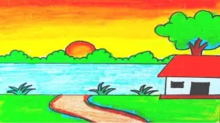 Easy landscape drawing for beginners|Learn house and nature simple painting|Nature scenery 