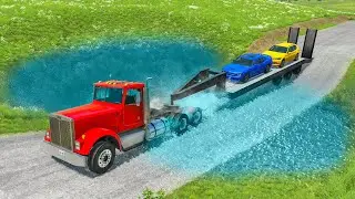Cars vs Deep Water - Long Trailer Truck Car Rescue - BeamNG.Drive