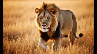 Close up cinematic shots of African wildlife   a lion walking slowly through tall grass,  elephants
