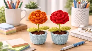 Crochet Rose Flower Pot for Office Desk | Easy Handmade Office D&eacute;cor ll #rose 