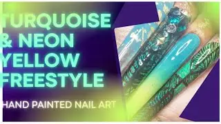 TURQUOISE & NEON YELLOW FREESTYLE WITH HAND PAINTED LINE WORK & BLING