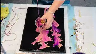 Quick easy fun technique using acrylic fluid paints/ String pulling on dry canvas