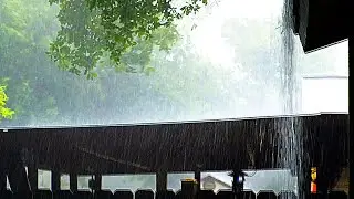 Heavy Thunderstorm on Summer Porch | Intense Rain & Thunder Ambience (5 Hours)