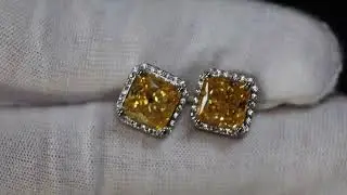 Radiant diamond ear studs, yellow diamond ear studs, yellow simulated lab diamond ear studs