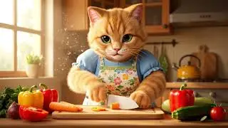 Meow!Anthropomorphic mother cat cooking in kitchen
