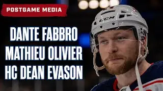 Dante Fabbro, Mathieu Olivier and Head Coach Dean Evason, Blue Jackets @| Bruins | Postgame Media