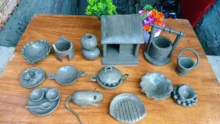 Making village style clay house with clay cooking pots polymer clay DIY mini kitchen sets