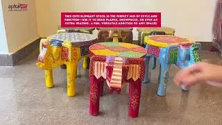 Wooden Handpainted Elephant Stool | Elephant Side Table for Ethnic & Boho Home Decor
