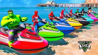 SPIDERMAN RACING With SUPERHEROES MOTORBIEKS RACE, JET SKI RACING CHALLENGE on Under Water - GTA 5