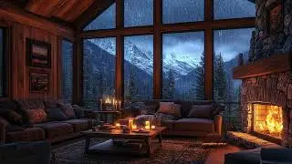 Heavy Rain Outside the Window | Fireplace Warmth and Far Thunder for Deep Relaxation