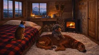 Very Cozy Mountain Hut Ambience 🏔️ | Crackling Fire 🔥, Sleeping Dogs & Cat Purring 🐾