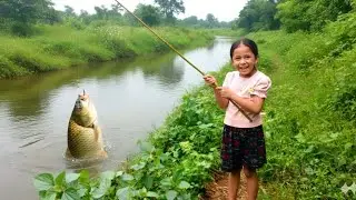 Cute girls Catching Fish in village River