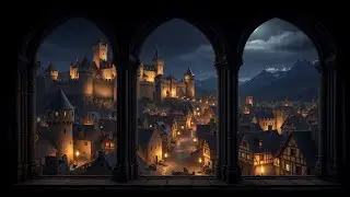 Medieval City Night Window View ❄ Rain Sounds & Relaxing Fantasy Music for Sleep, Study & Focus