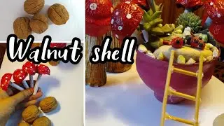 Miniature fairy cup garden.DIY mushroom🍄 from walnut shell.summer school project #walnutshellcraft