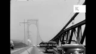 1950s USA, POV Driving Down Highway, Merritt Parkway Bridge, 16mm
