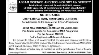 JLEE ASSAM 2022 BTECH lateral entry exam date announced