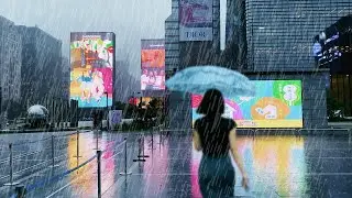 폭우 속 강남 삼성역 코엑스 출근길 풍경, 삼성역 K-POP 광장에서 포스코 뒷골목 우중산책, 빗소리 ASMR, 서울여행워커.
