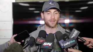 Carson Soucy meets with the media following Monday's practice at Rogers Place