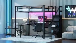 Loft Bed with L-shaped Desk and USB, Metal Loft Bed with Wardrobe and Adjustable Shelf