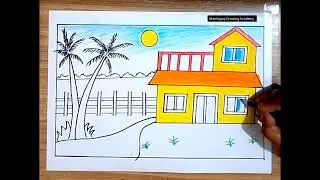 How to draw easy scenery drawing|| beautiful landscape village house drawing step by step
