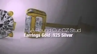 H&A Round Cut CZ Stud Earrings Gold .925 Silver