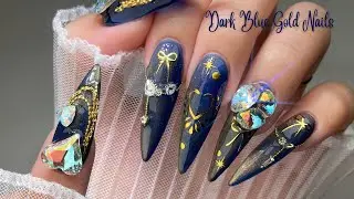 Gorgeous Dark Blue Gold Nails ✨| BORN PRETTY | Korean Nails | Self Nail | Nail Art | ASMR